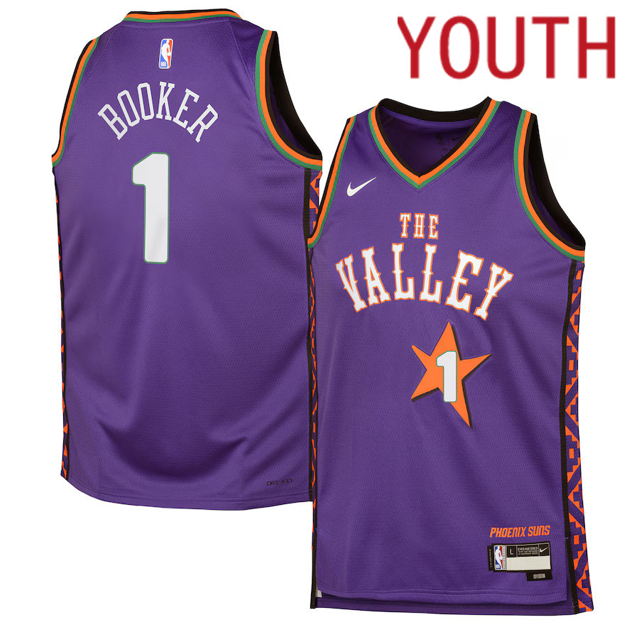 Youth Phoenix Suns #1 Devin Booker Nike Purple City Edition 2024-25 Swingman Player NBA Jersey